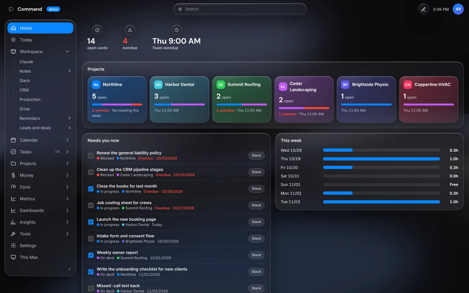 Command's Home page with projects, tasks and the week ahead